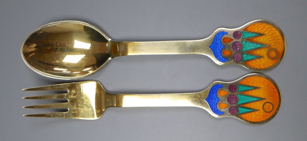 A Danish, Lars Akirke for Michelsen, July, 1979 silver gilt and enamel fork and spoon, 16.5cm, gross 94 grams.